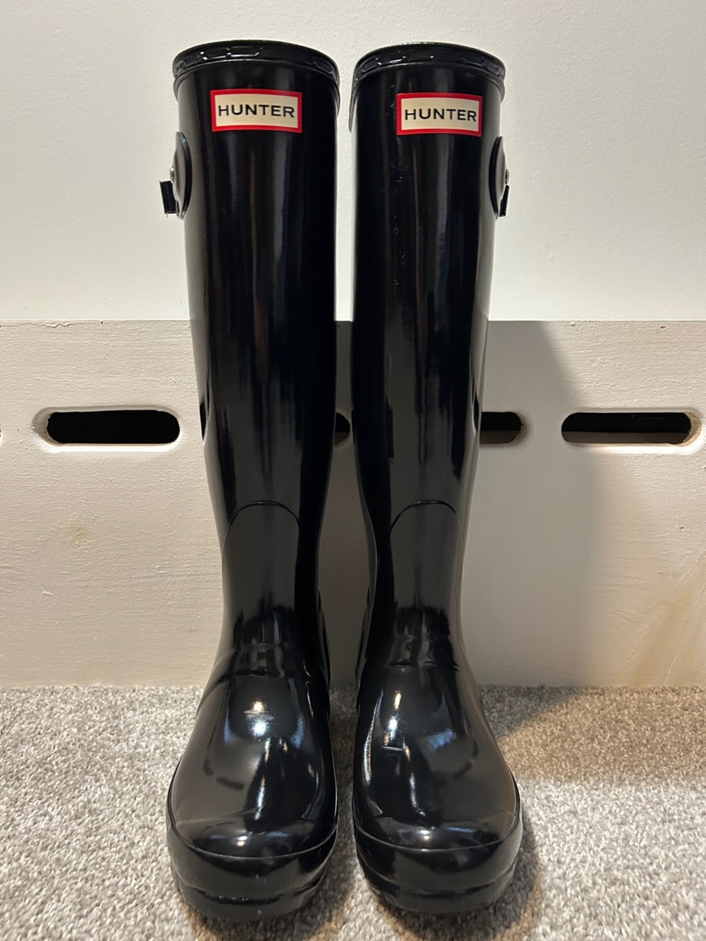 Authentic Hunter Tall Glossy Black Rain Boots with Red Logo